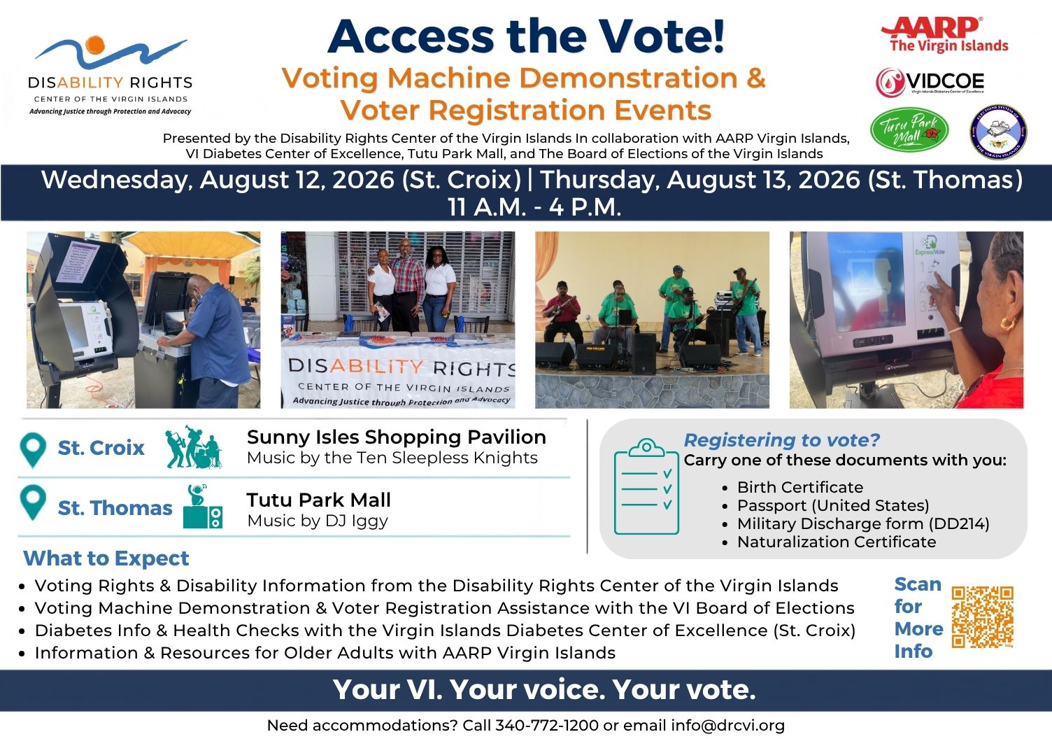 Access the Vote Flyer. Logos: DRCVI, AARP, Tutu Park Mall, VI Election System, and VI Diabetes Center of Excellence.